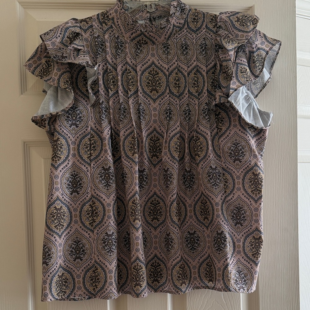 Ulla Johnson Patterned Ruffle Sleeve Blouse - Pink and Blue